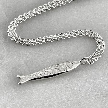 photo showing the belly of our Silver fish Necklace, Sardine Necklace in sterling silver.