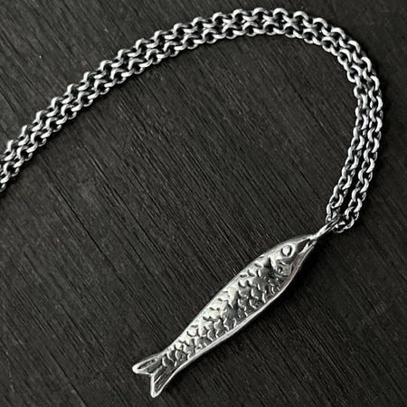 detail photo of our Silver fish Necklace, Sardine Necklace in sterling silver