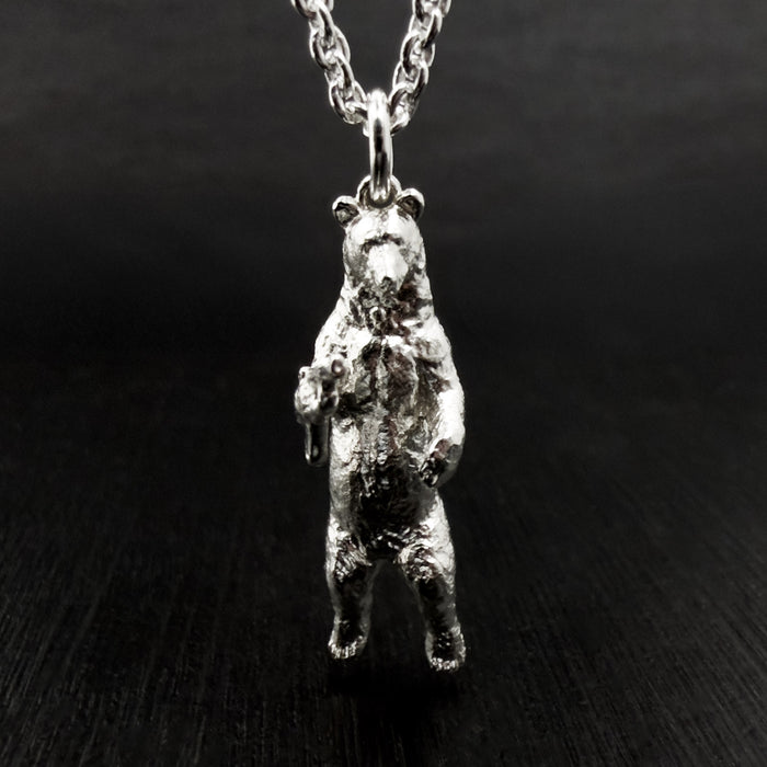 Gun Toting Grizzly Bear Silver Necklace