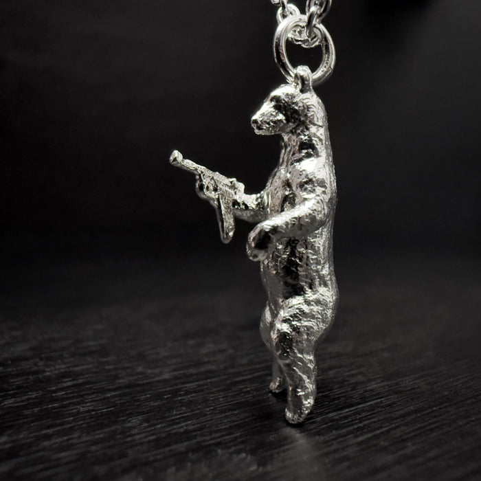 Gun Toting Grizzly Bear Silver Necklace