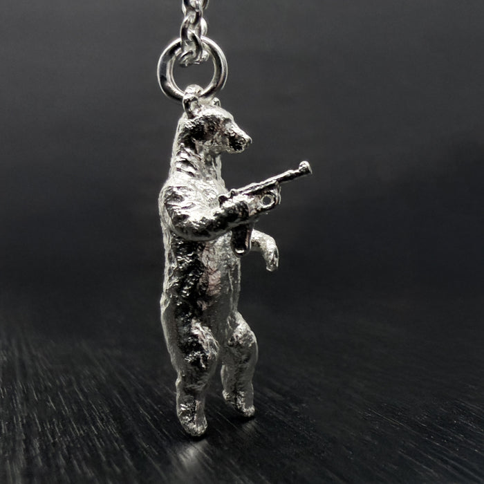 Gun Toting Grizzly Bear Silver Necklace