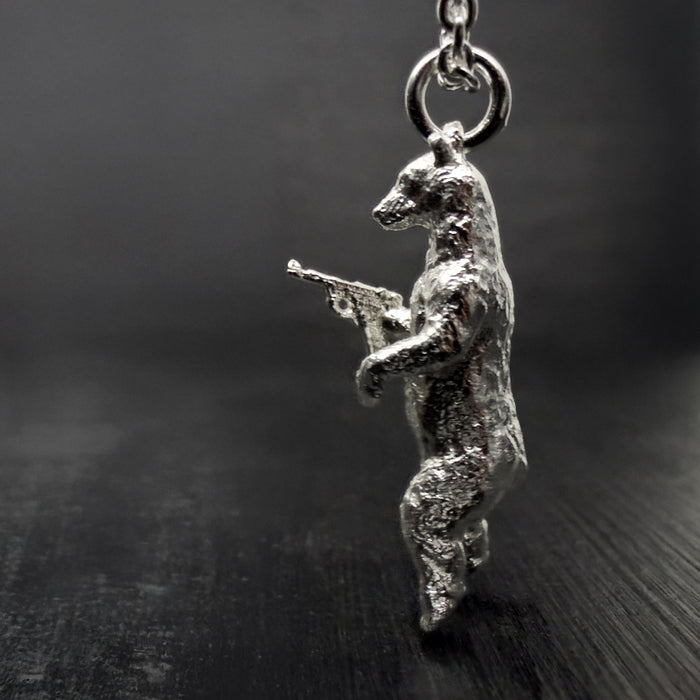 Gun Toting Grizzly Bear Silver Necklace