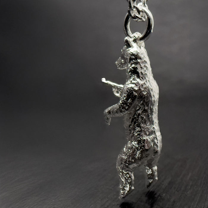 Gun Toting Grizzly Bear Silver Necklace