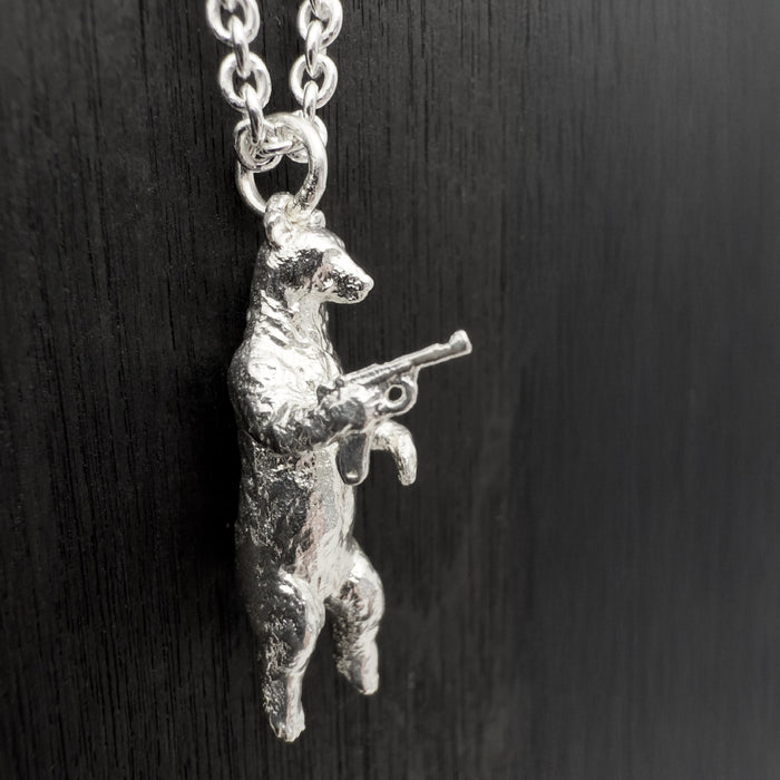 Gun Toting Grizzly Bear Silver Necklace