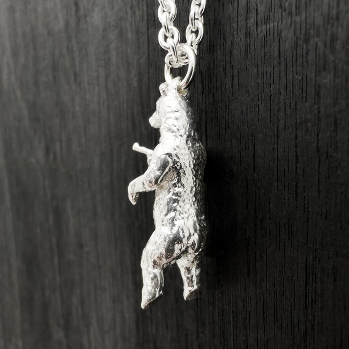 Gun Toting Grizzly Bear Silver Necklace