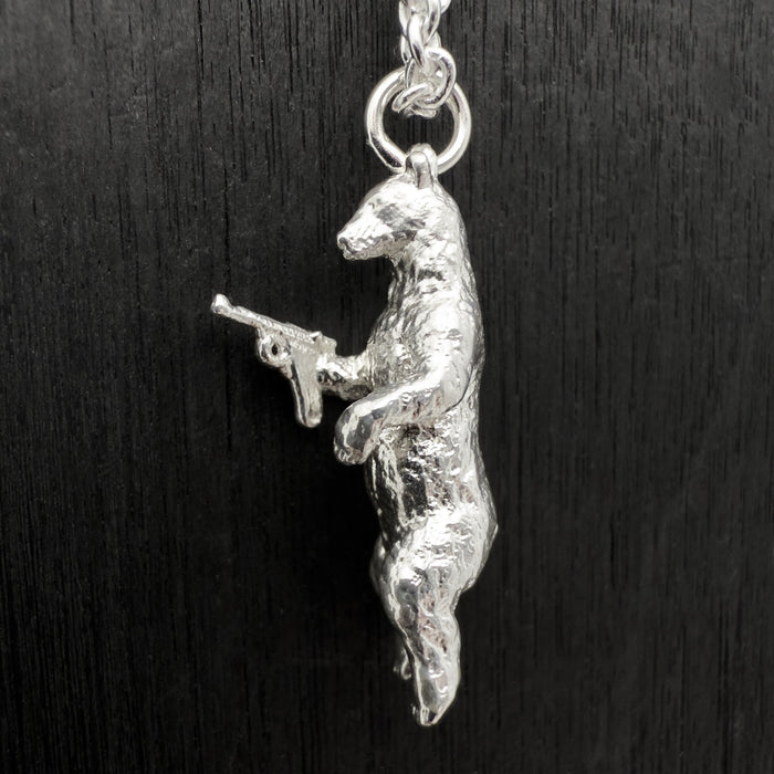 Gun Toting Grizzly Bear Silver Necklace