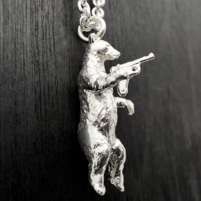 Gun Toting Grizzly Bear Silver Necklace