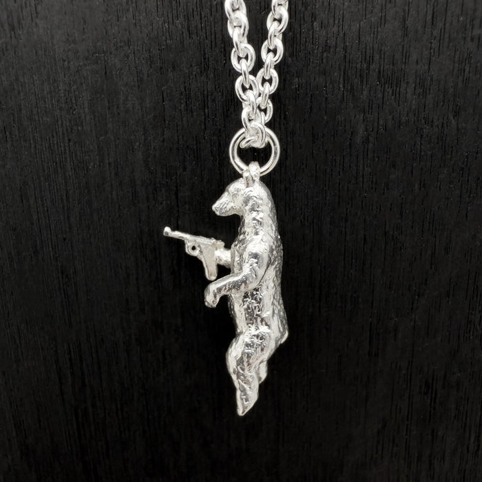 Gun Toting Grizzly Bear Silver Necklace