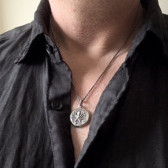 Octopus & Hare Oxidised Silver Coin Necklace