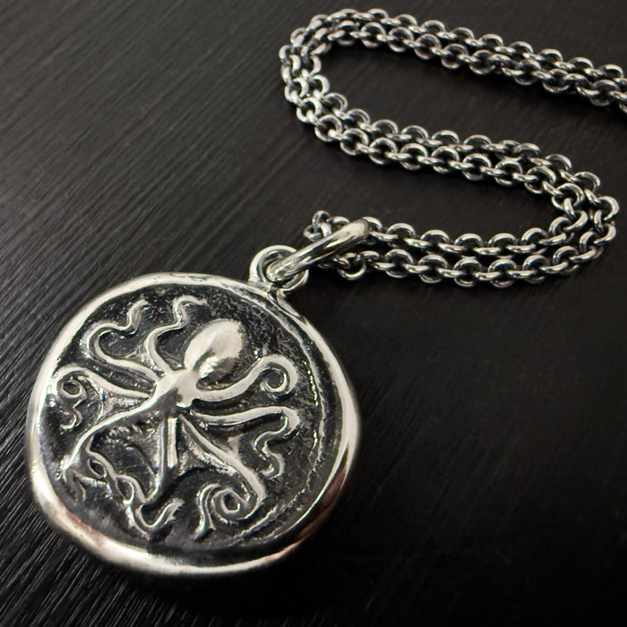 Octopus & Hare Oxidised Silver Coin Necklace