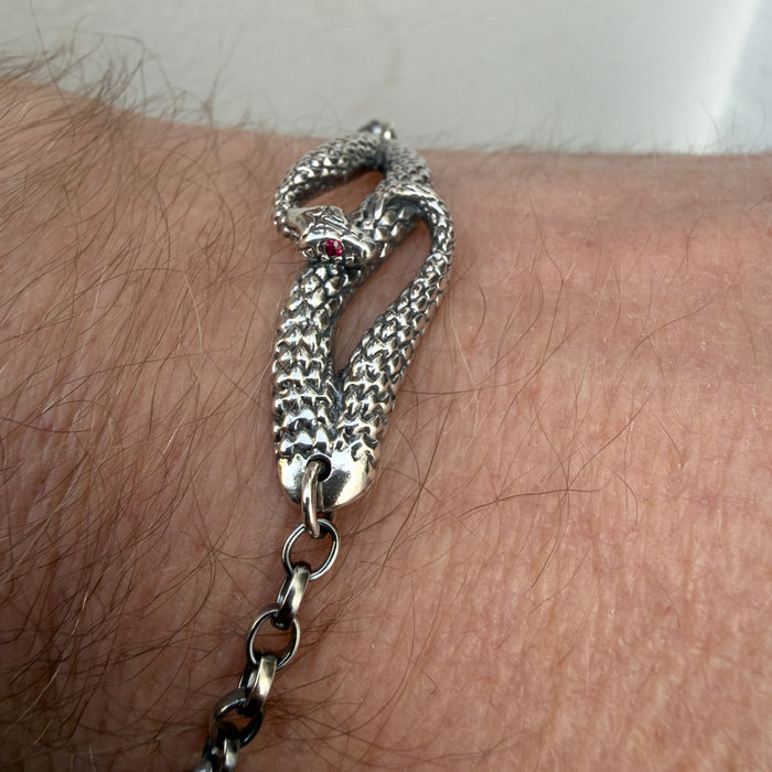 Oxidised Silver Snake Bracelet with Ruby Eyes