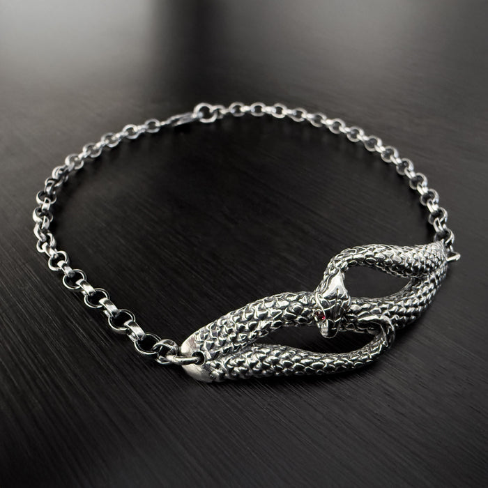 Oxidised Silver Snake Bracelet with Ruby Eyes