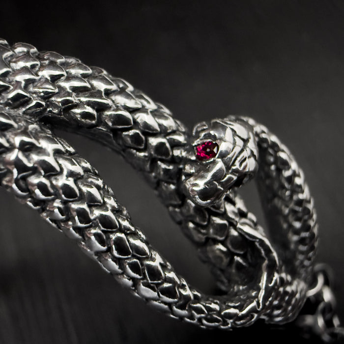 Oxidised Silver Snake Bracelet with Ruby Eyes
