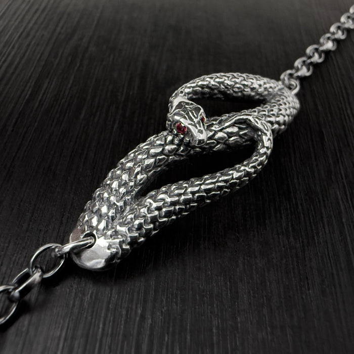 Oxidised Silver Snake Bracelet with Ruby Eyes
