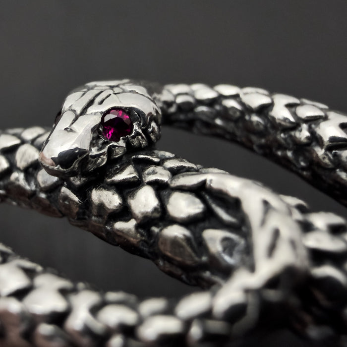 Oxidised Silver Snake Bracelet with Ruby Eyes