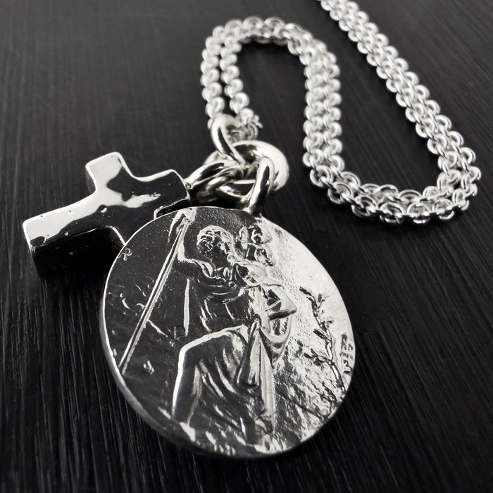 Sterling Silver St Christopher & Cross Necklace