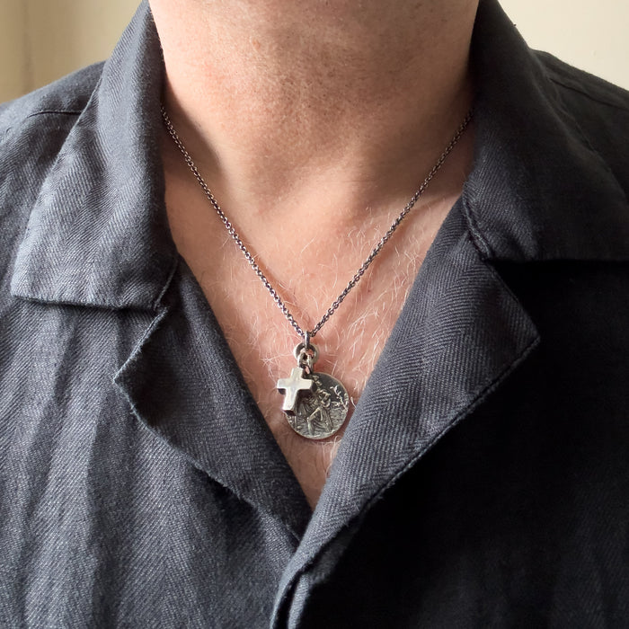 Oxidised Sterling Silver St Christopher & Cross Necklace