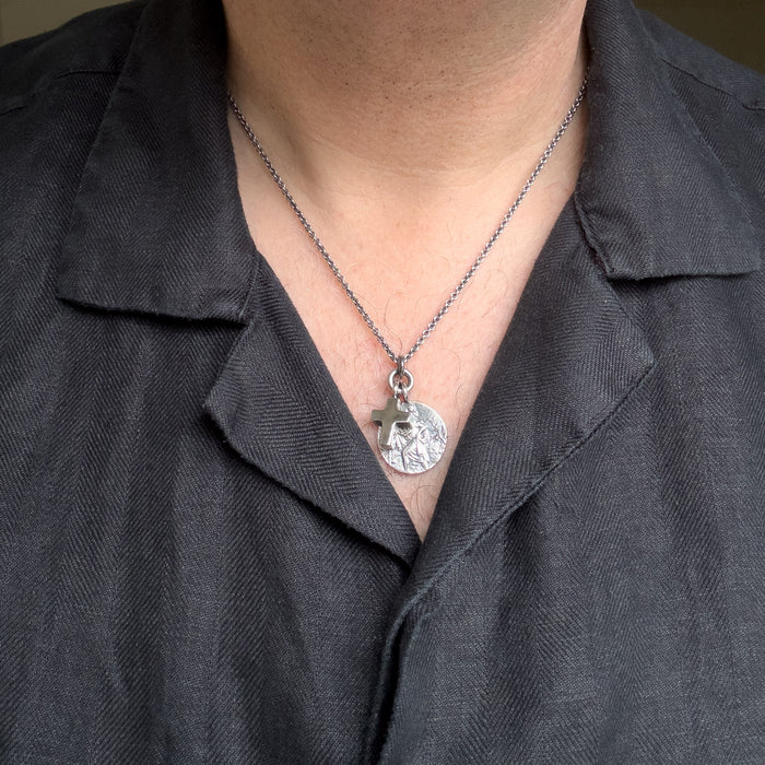 Oxidised Sterling Silver St Christopher & Cross Necklace