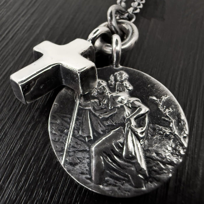 Oxidised Sterling Silver St Christopher & Cross Necklace
