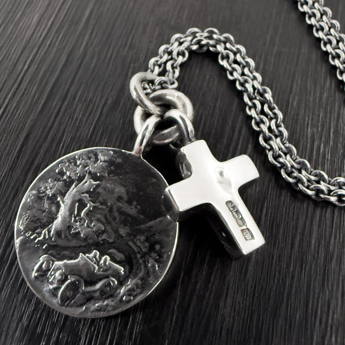 Oxidised Sterling Silver St Christopher & Cross Necklace