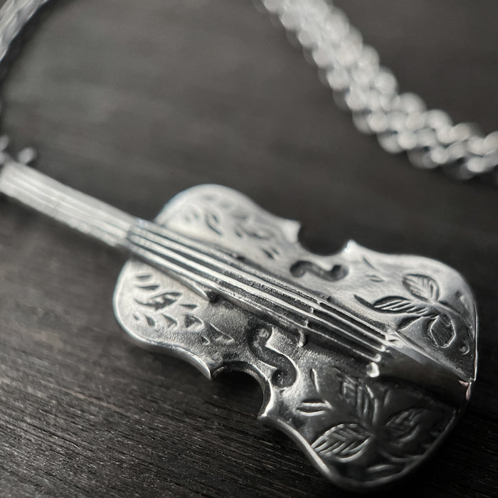 Oxidised / Silver Engraved Violin Necklace