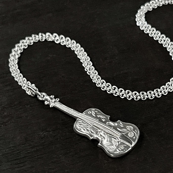 Oxidised / Silver Engraved Violin Necklace