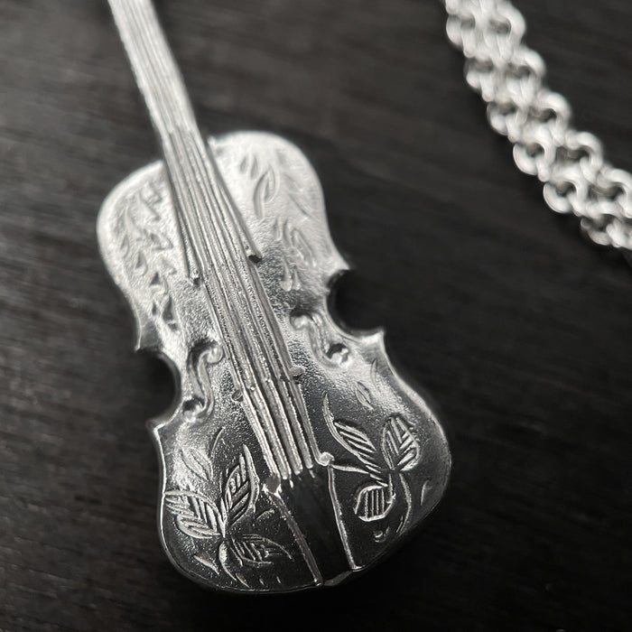 Oxidised / Silver Engraved Violin Necklace