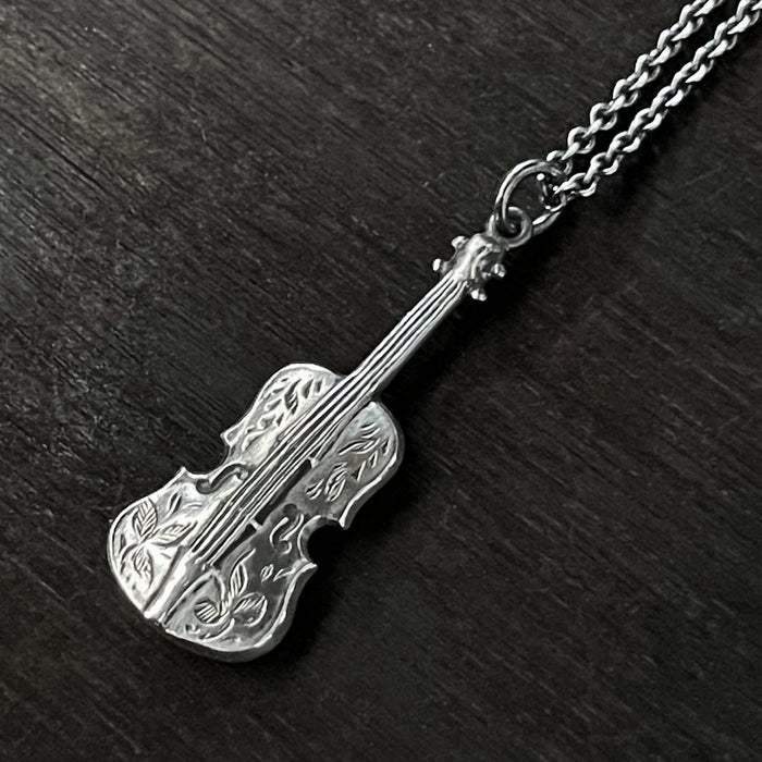 Oxidised / Silver Engraved Violin Necklace