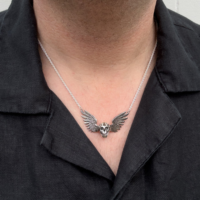 Solid Sterling Silver Winged Skull Pendant