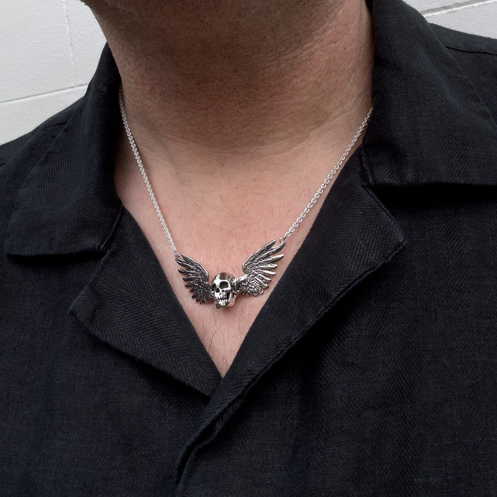 Solid Sterling Silver Winged Skull Pendant