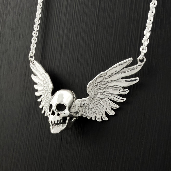 Solid Sterling Silver Winged Skull Pendant