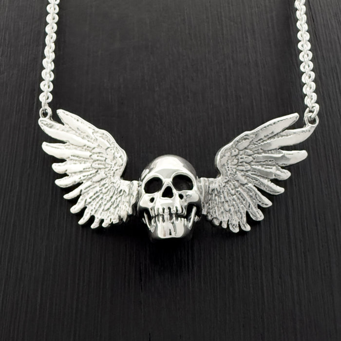 Solid Sterling Silver Winged Skull Pendant
