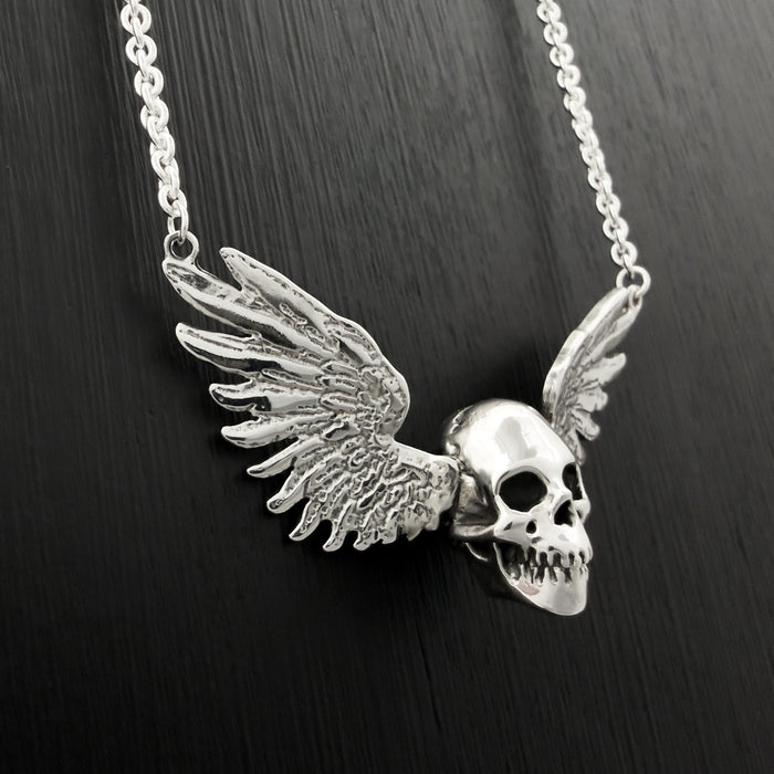 Solid Sterling Silver Winged Skull Pendant