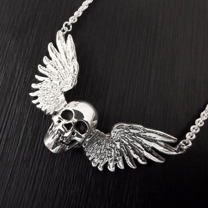Solid Sterling Silver Winged Skull Pendant