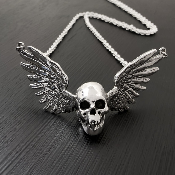 Solid Sterling Silver Winged Skull Pendant
