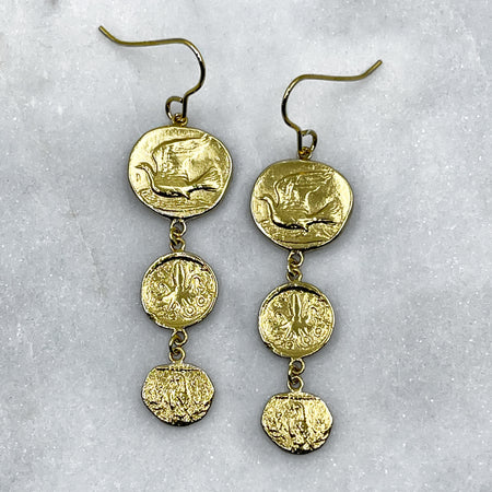 greek coin dangle drop earrings jewel thief Brighton