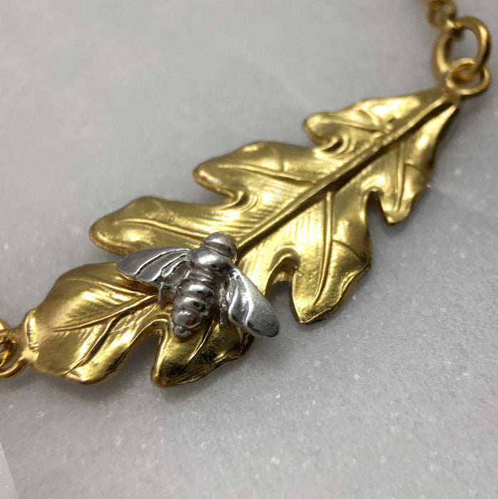 Gold Oak Leaf & Bee Necklace
