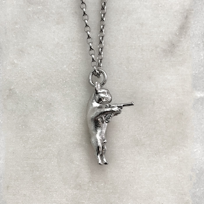 Gun Toting Frenchie Silver Necklace