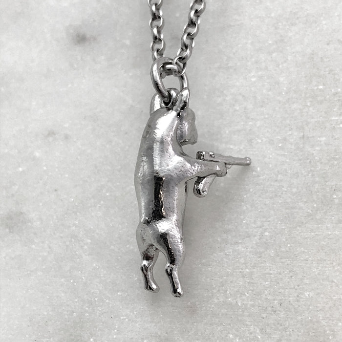 Gun Toting Frenchie Silver Necklace
