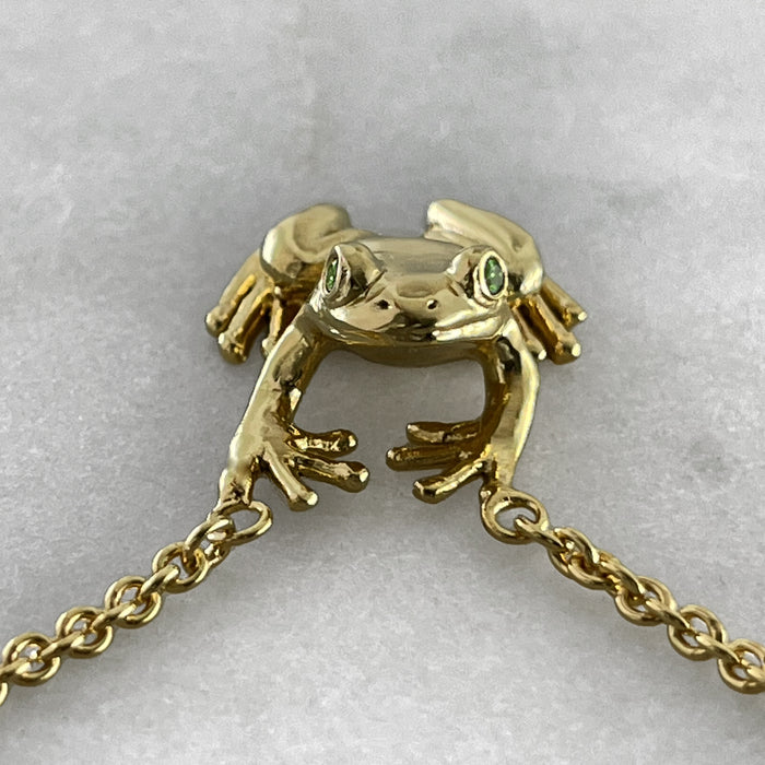 Green Diamond Eyed Gold Frog Necklace