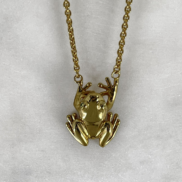 Green Diamond Eyed Gold Frog Necklace