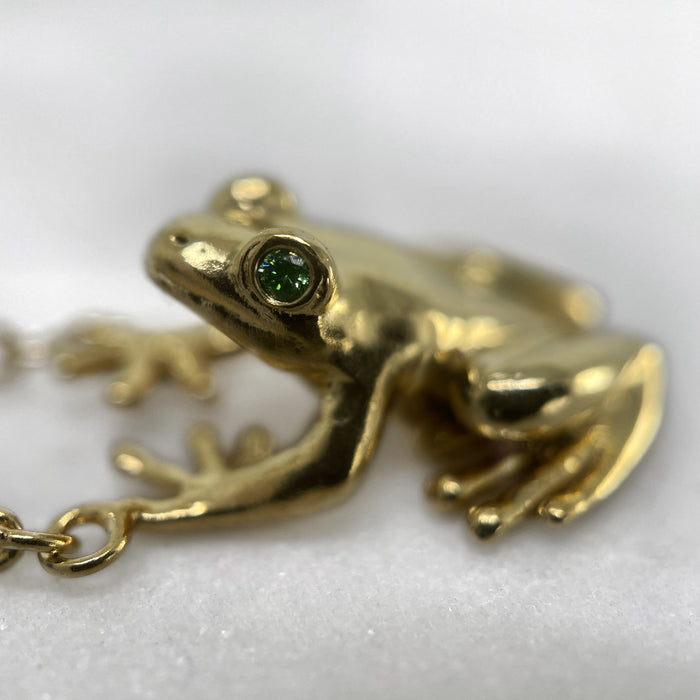 Green Diamond Eyed Gold Frog Necklace