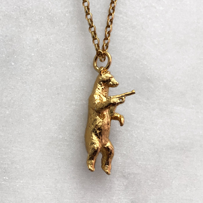 Gun Toting Grizzly Bear Gold Necklace