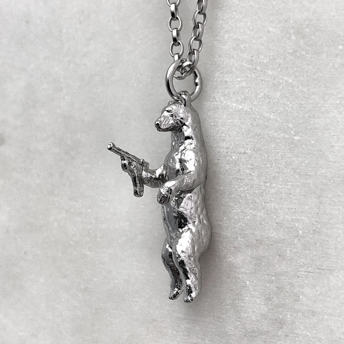 Gun Toting Grizzly Bear Silver Necklace