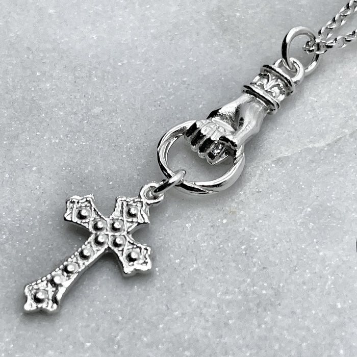 Silver Hand Grasping Cross, Anchor and Heart Necklace