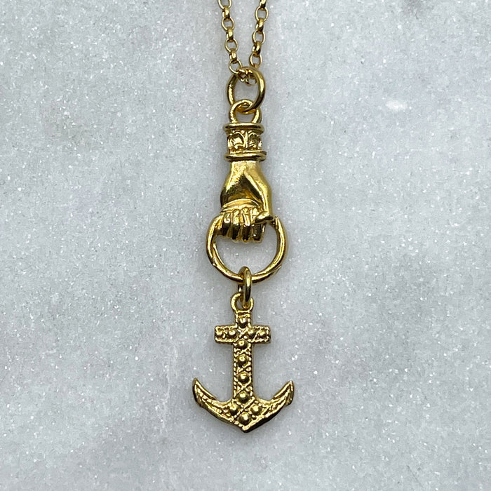 Gold Hand Grasping Cross, Anchor and Heart Necklace