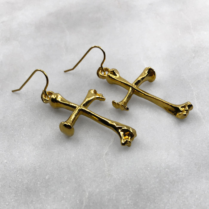 Large Bone Cross Gold Earrings