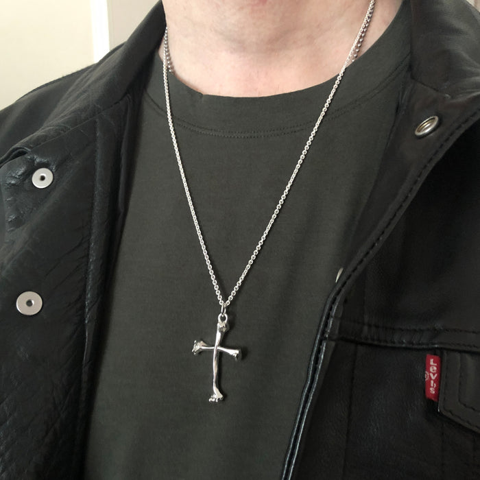 Large Bone Cross Silver Necklace