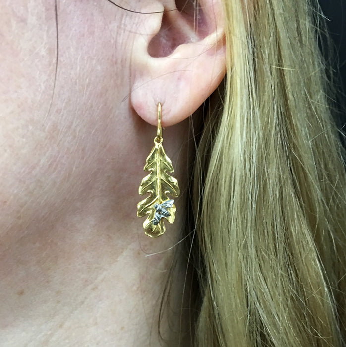 Gold Leaf & Silver Bee Earrings