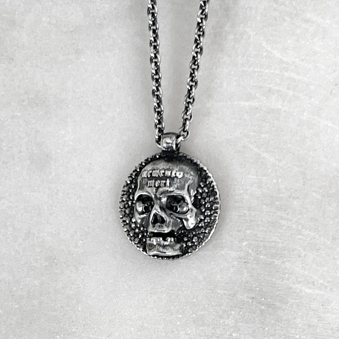 Memento Mori Oxidised Silver Skull Disc Necklace
